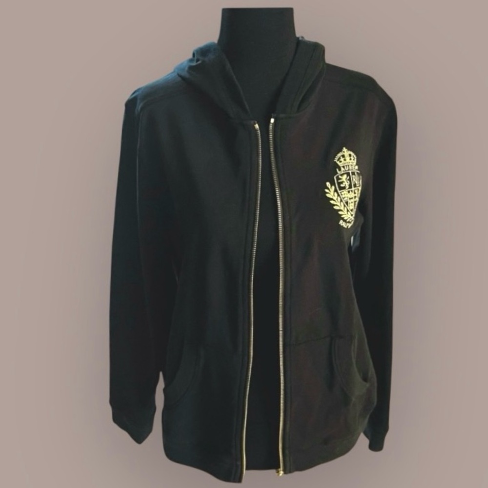 NWOT Ralph Lauren Active Vintage Rare Black Full Zip Hooded Jacket LP Gold Trim